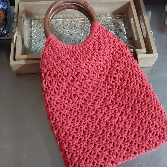 NEW《 Sigrid Olsen 》Pink Coral Macrame Wood Boho Crossbody Bag Beach Vacation - Picture 8 of 14